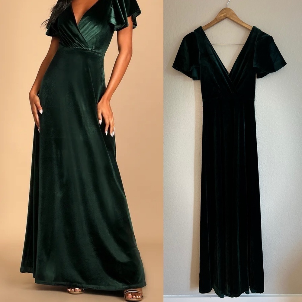 Emerald Green Velvet Flutter Sleeve Maxi Dress XS